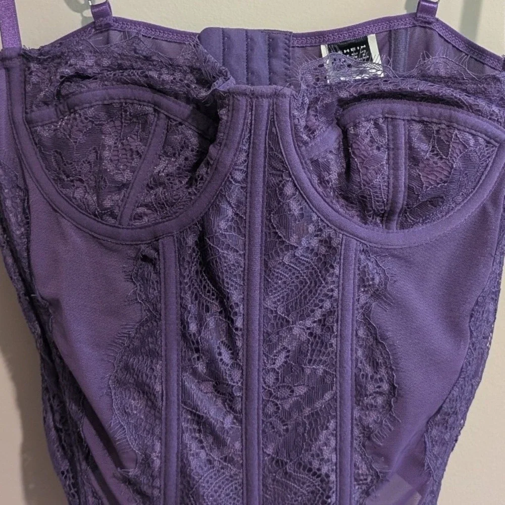 SHEIN Corset Top Womens Medium Purple Lace Mesh Underwire Hook and Eye Closure - Picture 5 of 5